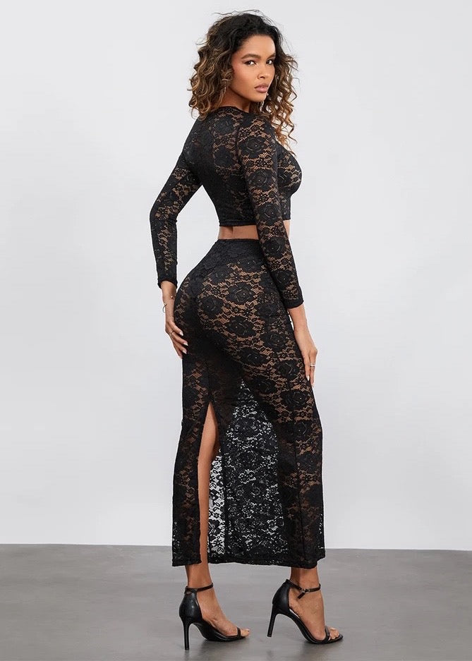 Long Sleeved Top & Long Skirt Two-Piece Floral Lace Set