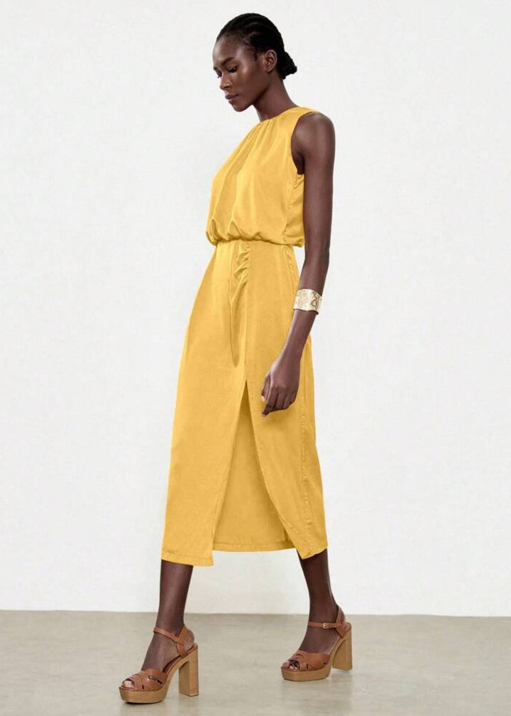 Sleeveless Side Slit Ruched Midi Dress