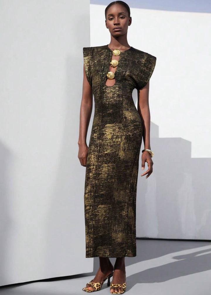 Seashell Button Maxi Shoulder Pad Dress