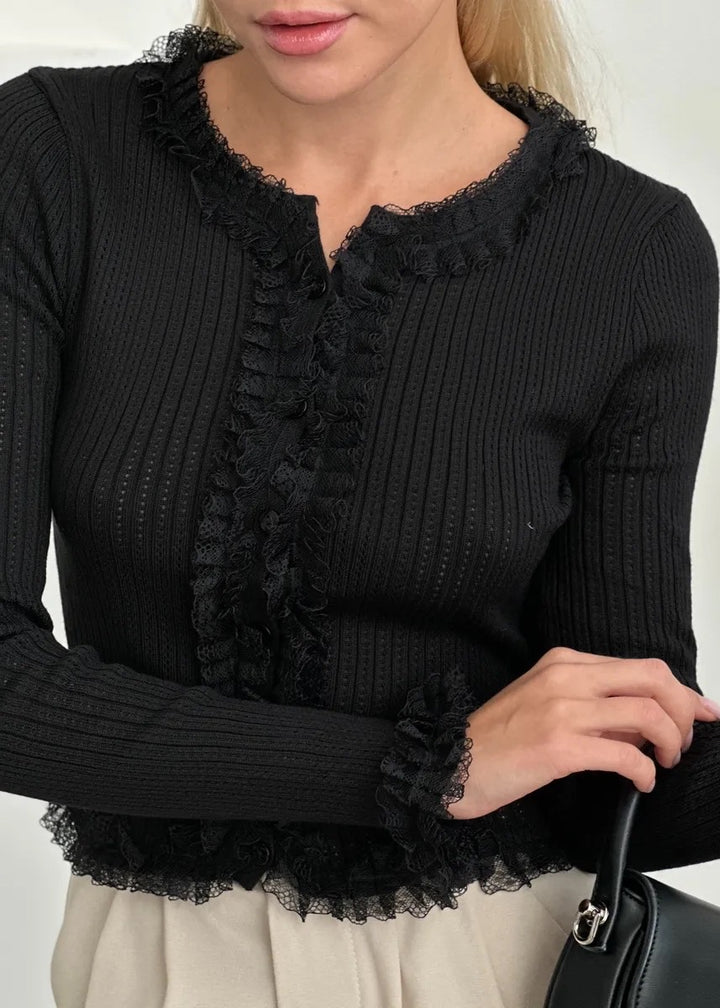 Ruffle Edge Long Sleeve Ribbed Knit Top