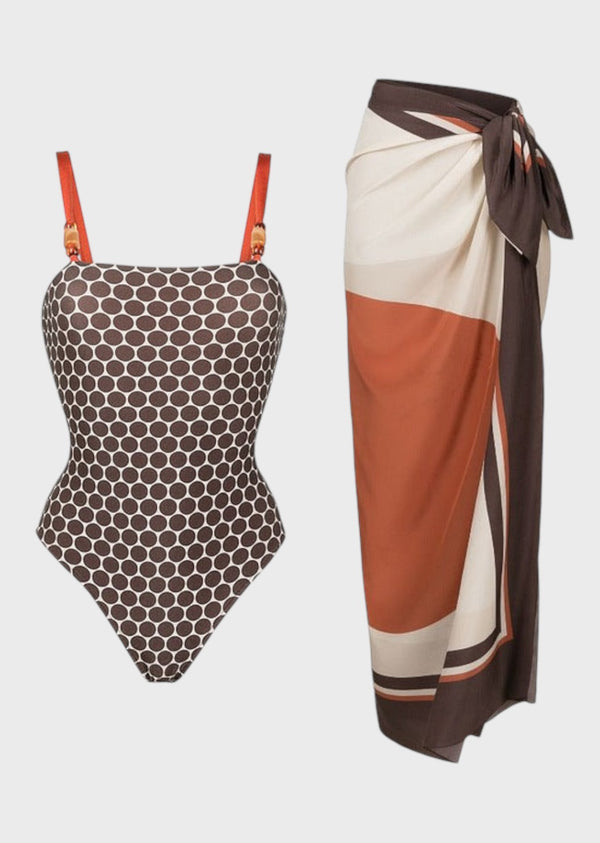 Dot Printed Two-Sided Swimsuit & Wrap Skirt