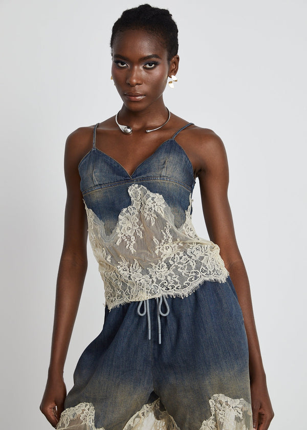 Cami Lace Inset Washed Denim Top