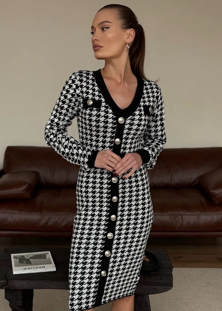 V-Neck Button Decor Houndstooth Midi Dress