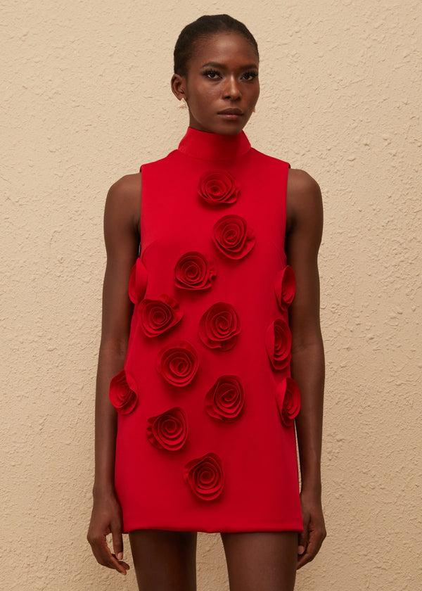 High Neck Floral Applique Bow Back Mini Dress