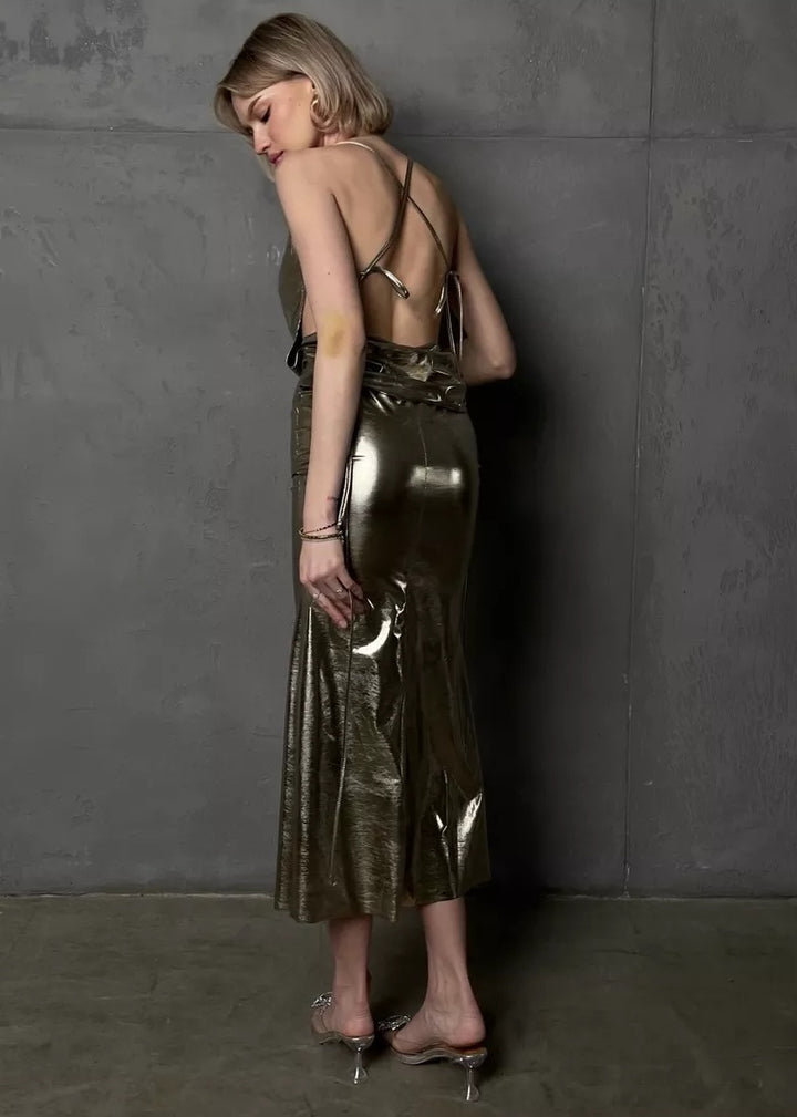 Backless Metallic Slip Dress