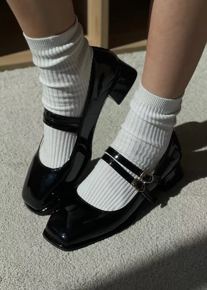 Patent Leather Square Toe Low Heel Shoes