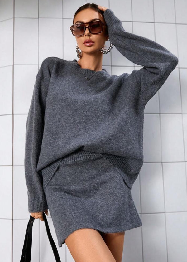 Crew Neck Long Sleeve Sweater and Mini Skirt Set