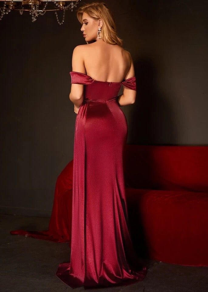 Off Shoulder Slit Thigh Draped Side Bustier Satin Dress