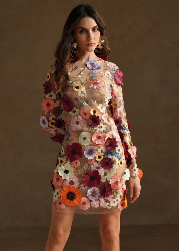 Floral Appliqué Open Back Mini Dress