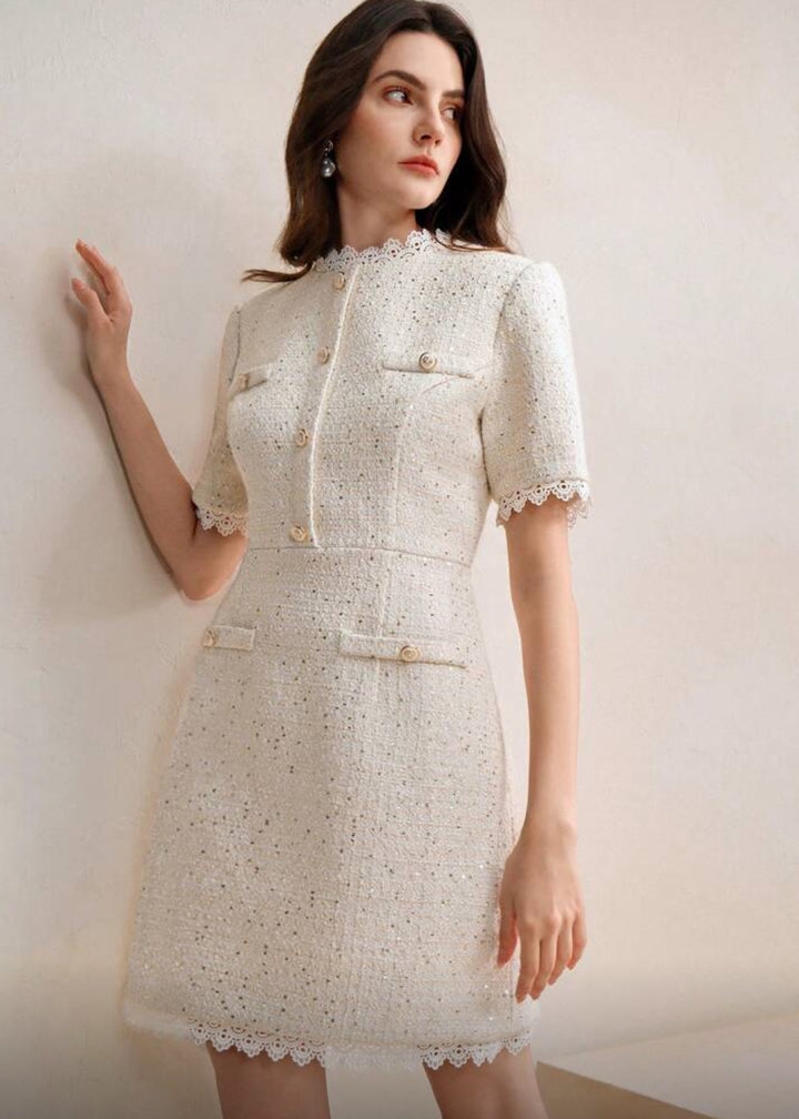 Tweed Button Front Lace Trim Mini Dress