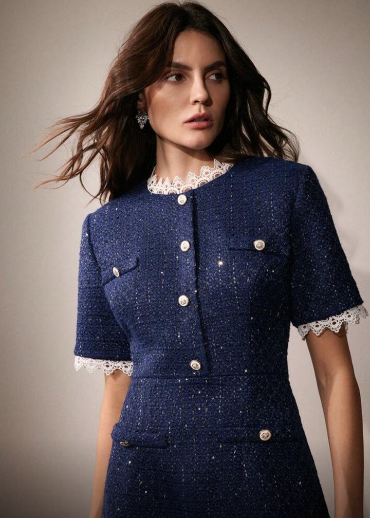 Tweed Button Front Lace Trim Mini Dress