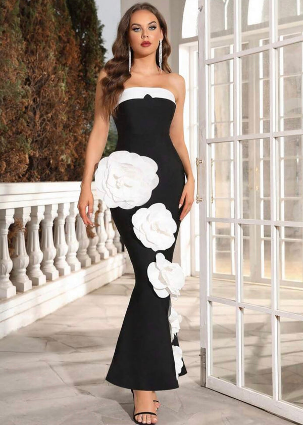 Contrast 3D Flower Decor Tube Maxi Dress
