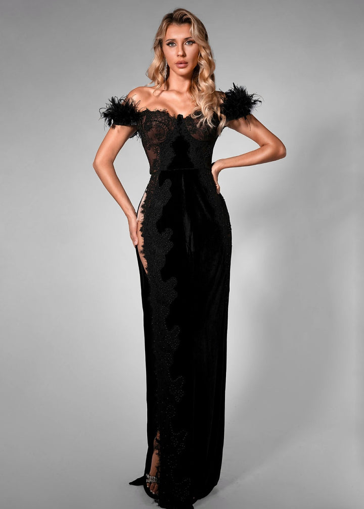 Feather Decor Lace Insert Maxi Evening Gown