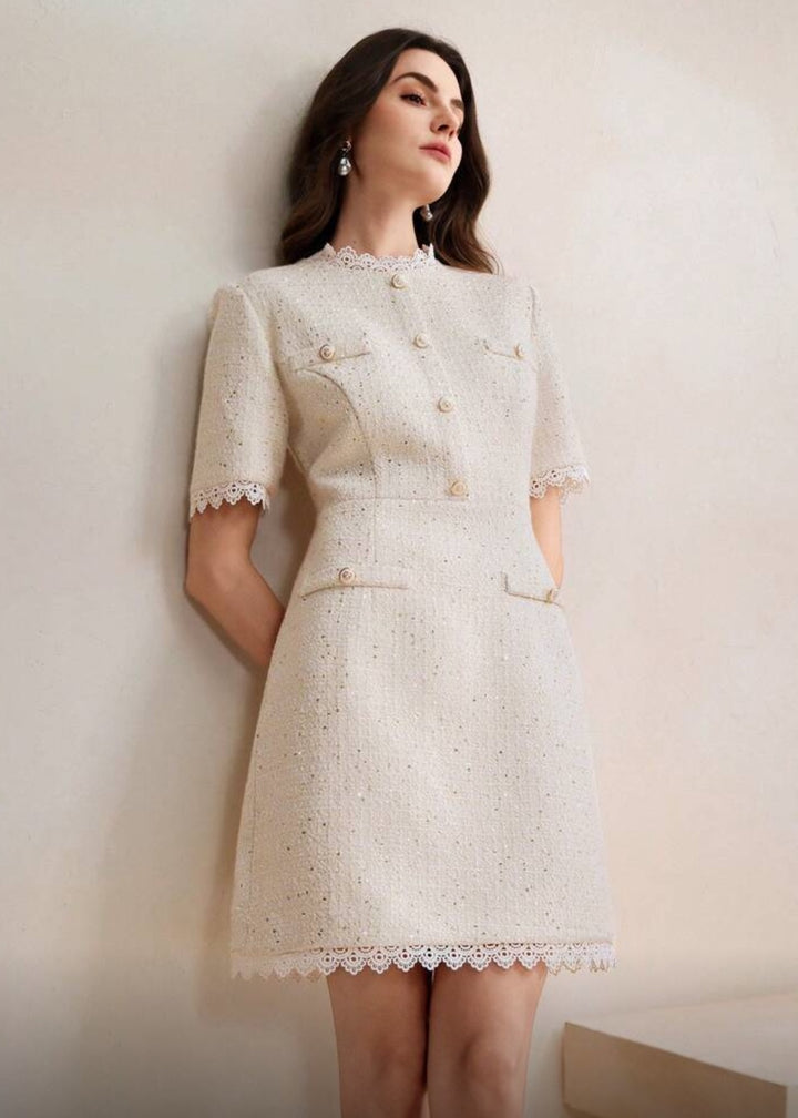 Tweed Button Front Lace Trim Mini Dress