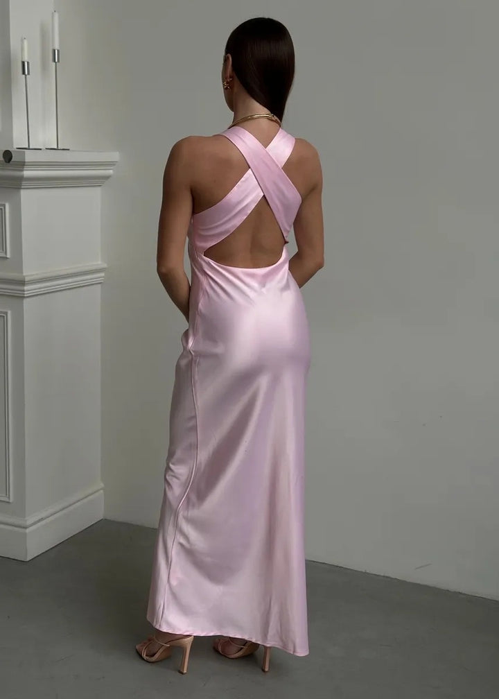 Crisscross Back V-Neck Satin Maxi Dress