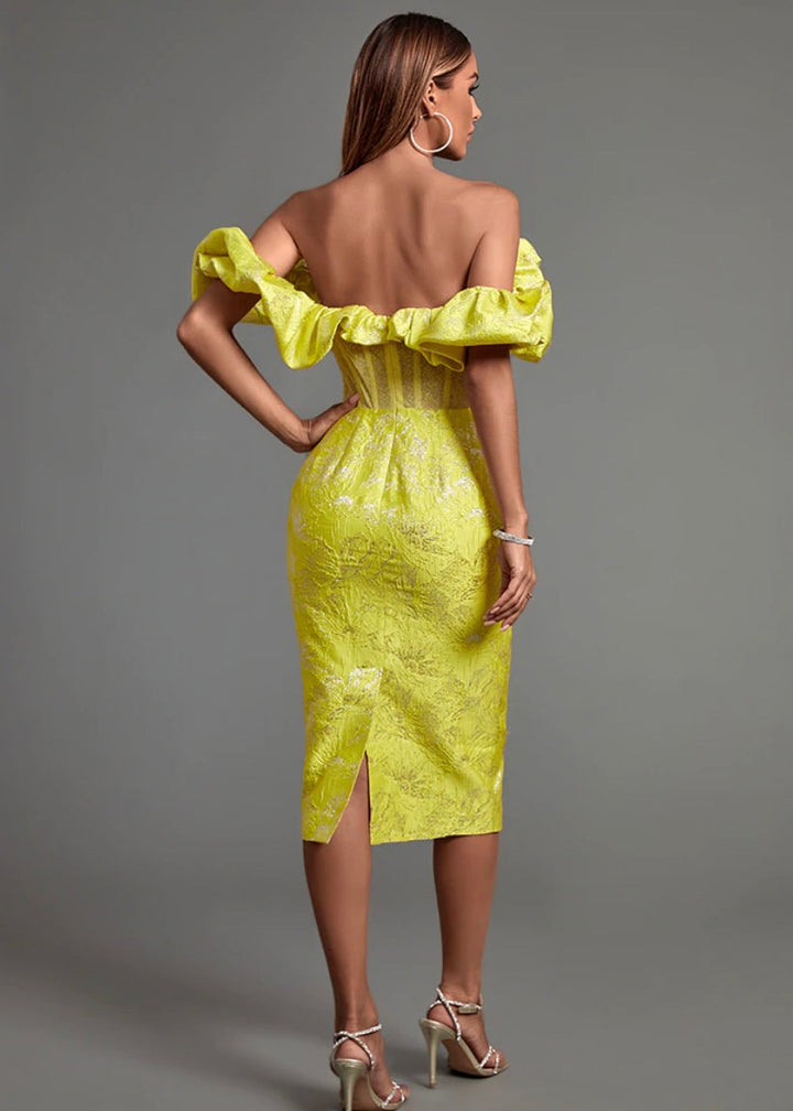 Off Shoulder Ruffled Trim Jacquard Embroidered Dress