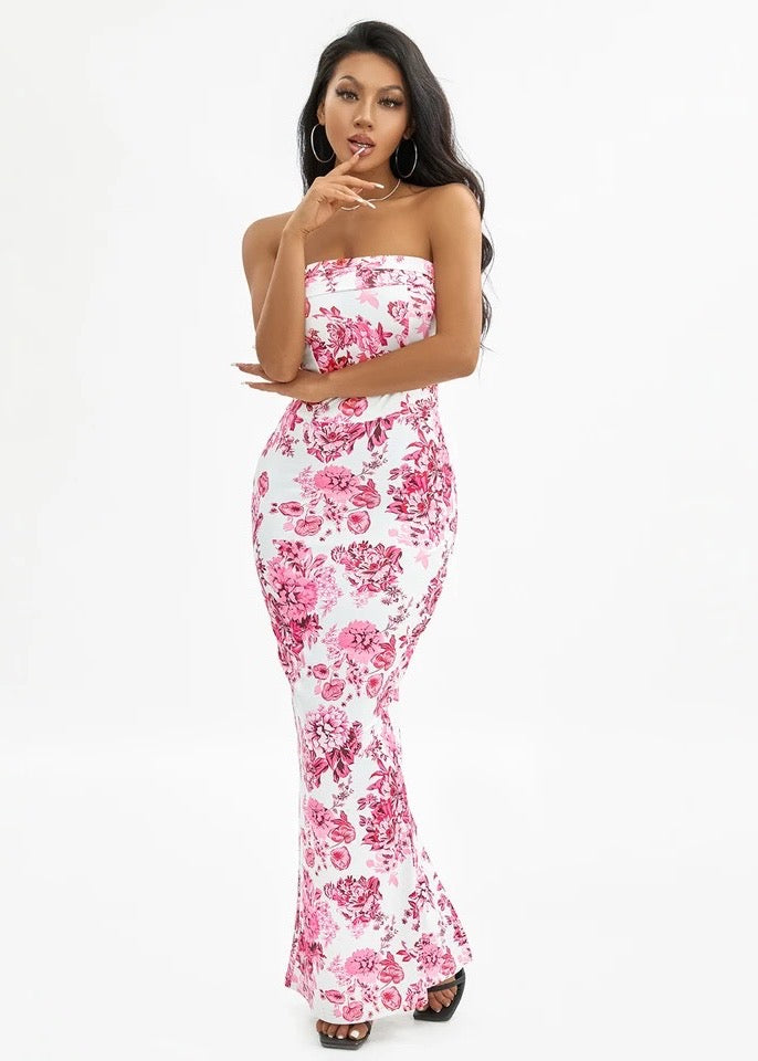 Floral Print Mermaid Hem Tube Dress