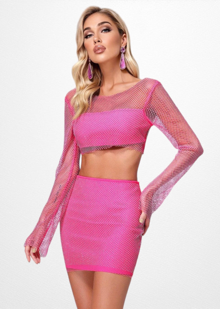 Long Sleeved Fishnet Crop Top & Mini Skirt