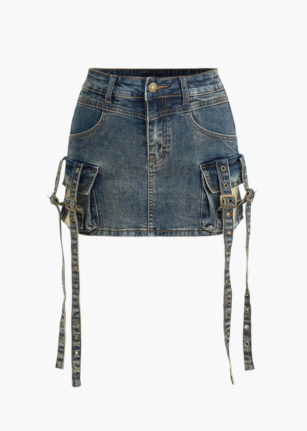 Buckle Strap Decor Denim Mini Skirt