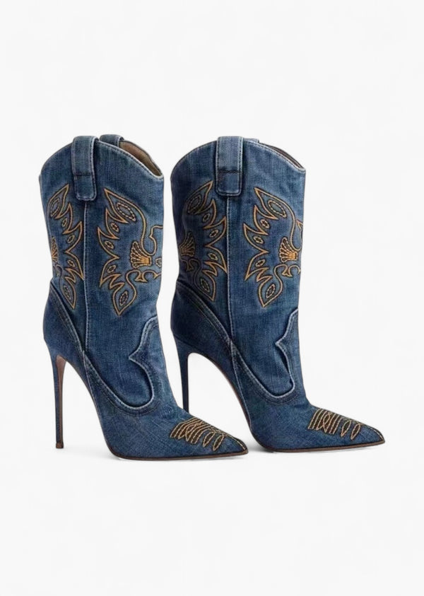 Western Style Denim High-Heeled Boots