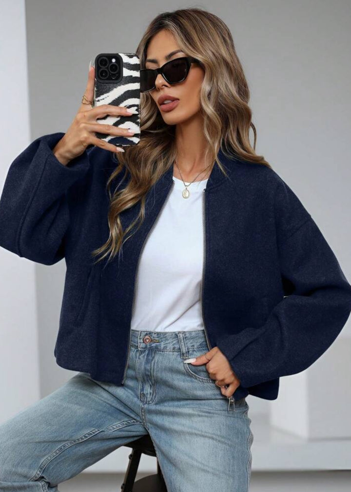 Felted Zip Front Cropped Bomber Jacket