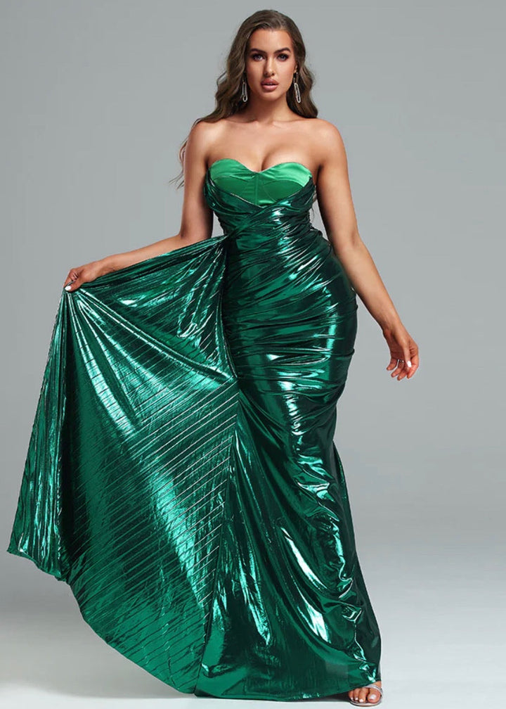 Strapless Ruched Metallic Maxi Evening Dress