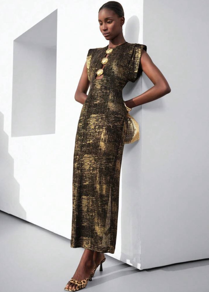 Seashell Button Maxi Shoulder Pad Dress