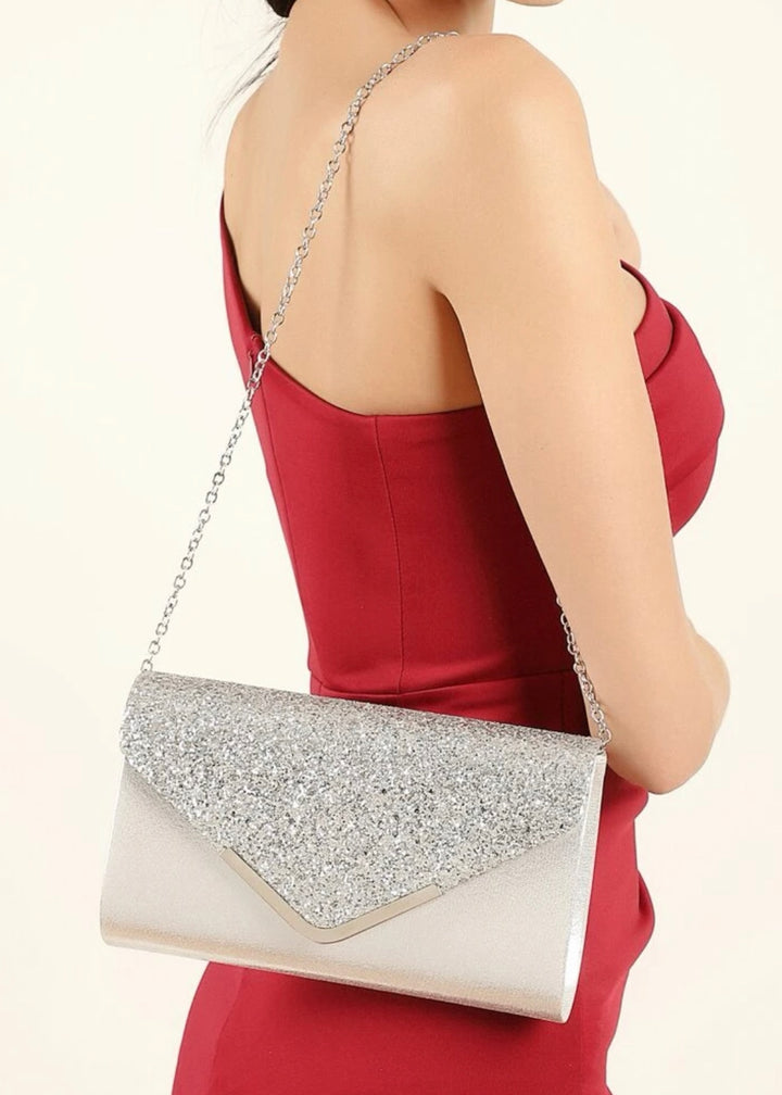 Glitter Panel Metallic Flap Evening Clutch Bag