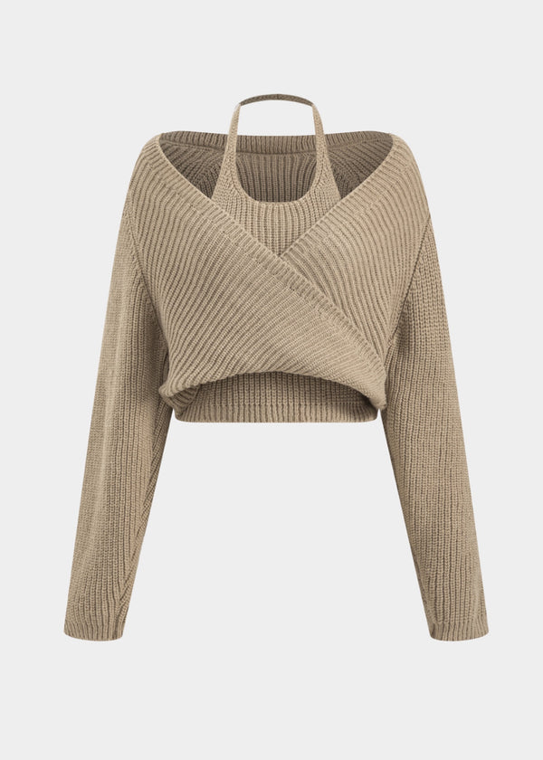 Crossed Halter Neck Long Sleeve Knitted Top