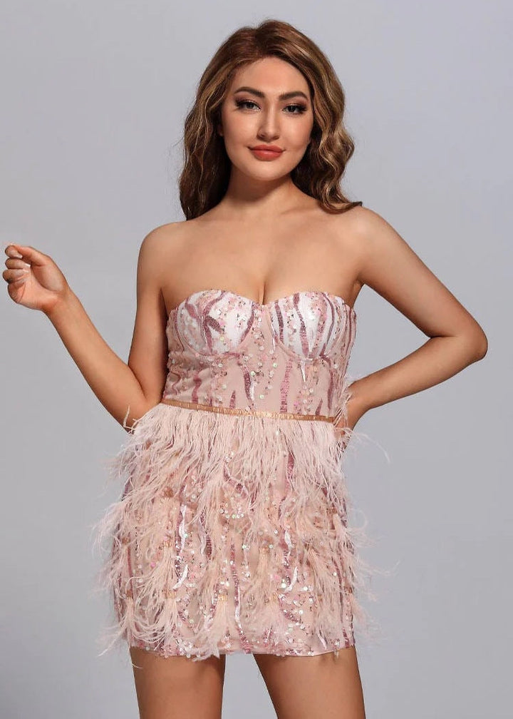 Strapless Padded Bust Pink Feathers Trim Sequined Mini Dress