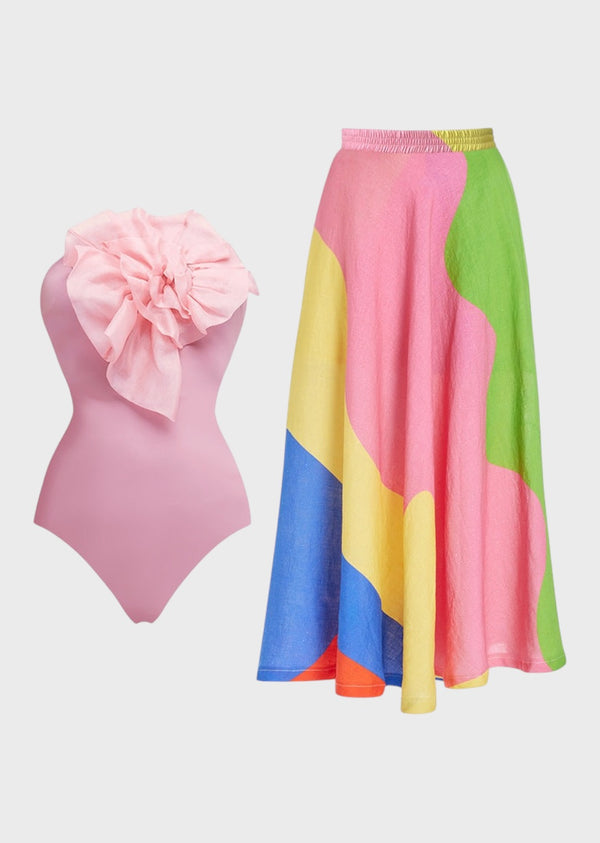 3D Flower Decor Strapless Swimsuit & Colorful Cover-Up Skirt