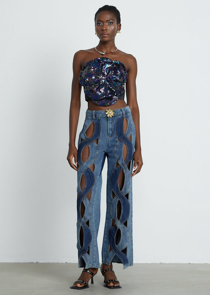 Strapless Sequins Flower Bodice Crop Top