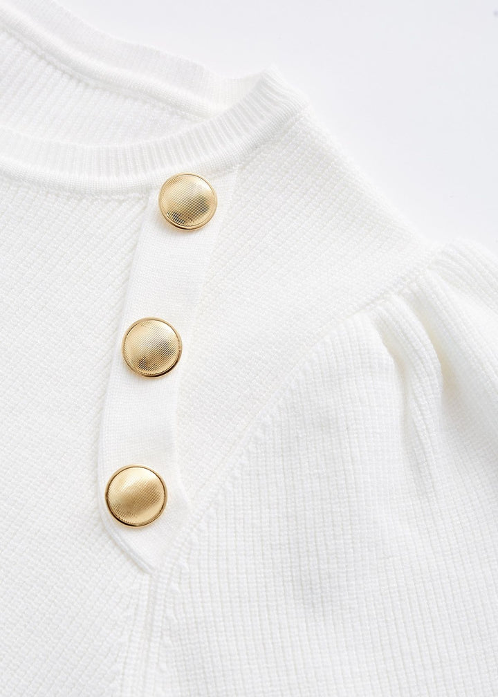 Gigot Sleeve Gold Buttons Decor Knit Top