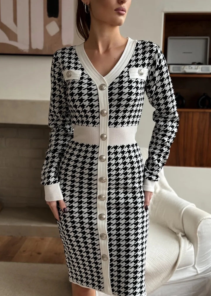 V-Neck Button Decor Houndstooth Midi Dress