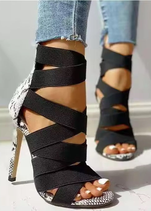 Snakeskin Pattern Peep Toe High-Heeled Sandals