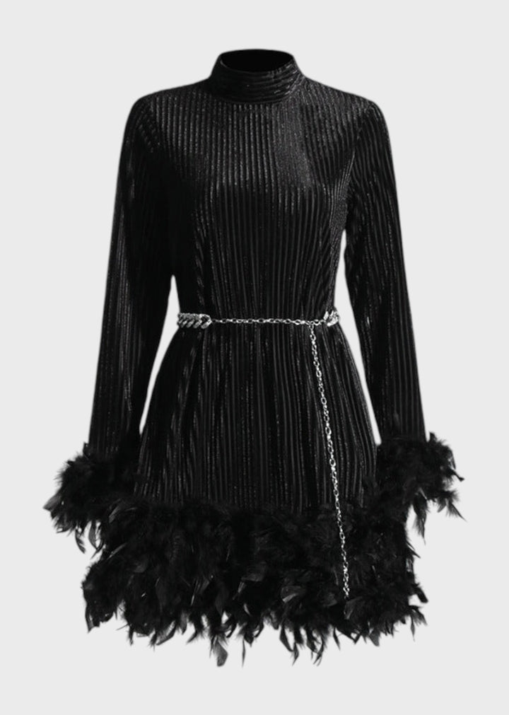 Mashika Feather Trim Mock Neck Velvet Dress