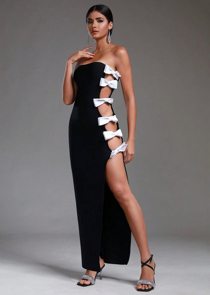 Contrast Bow Side Cut Out Split Thigh Tube Dress
