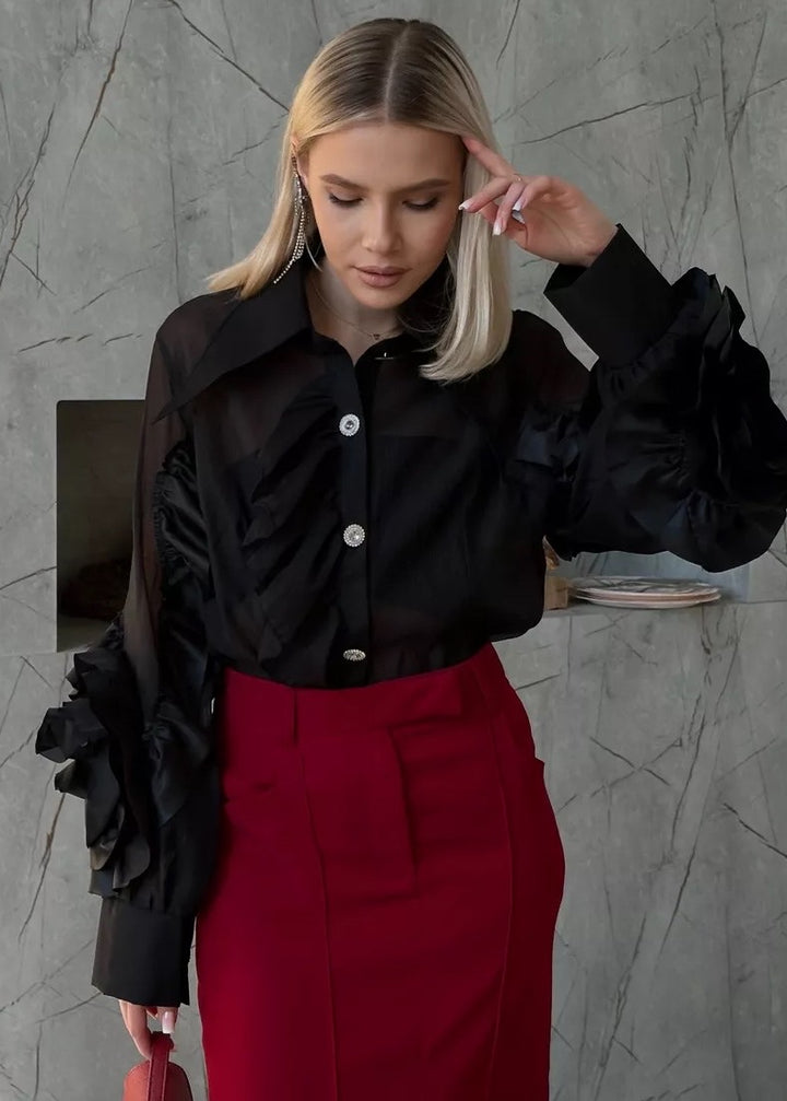 Tailed Collar Bishop Sleeve Ruffle Blouse