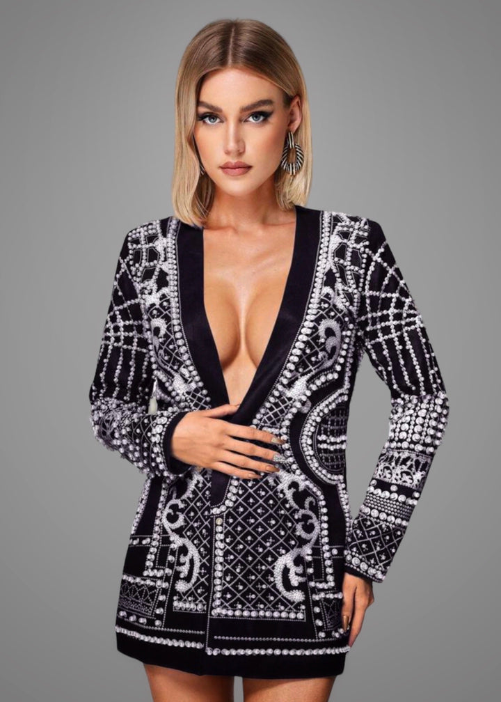 Faux Pearl Embroidered Blazer Dress