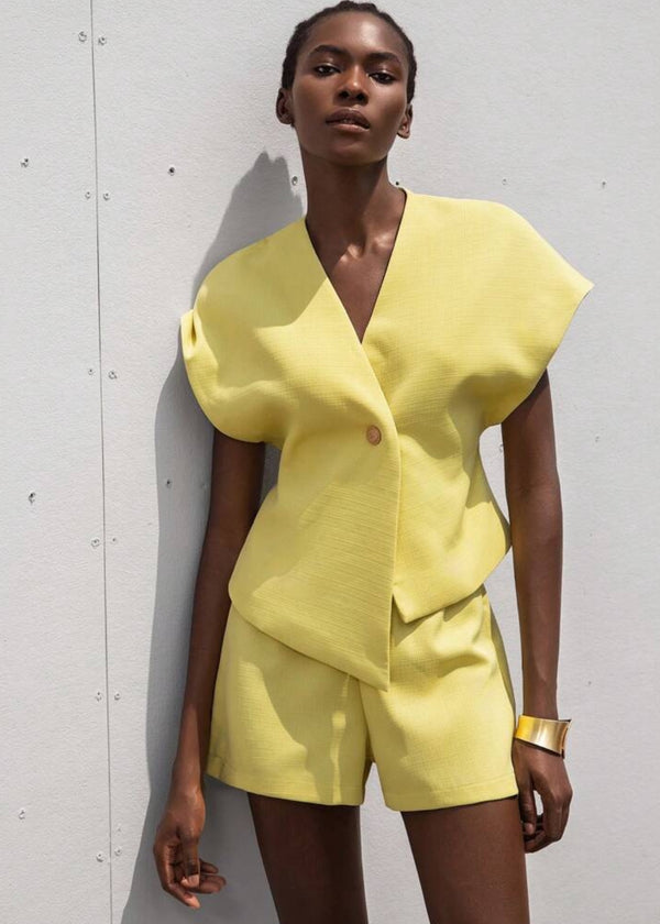 V-Neck Button Closure Flutter Sleeve Top