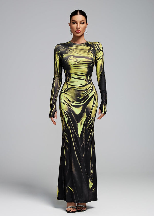 Long Sleeve Crew Neck Marble Print Maxi Dress