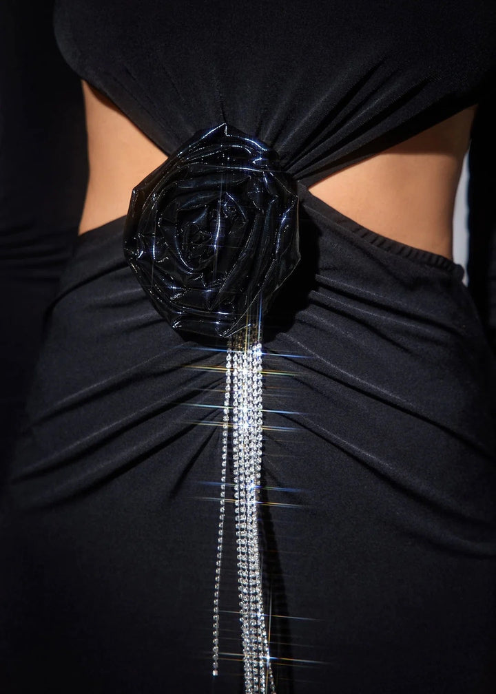 3D Flower Decor Tassel Detail Backless Maxi Dress