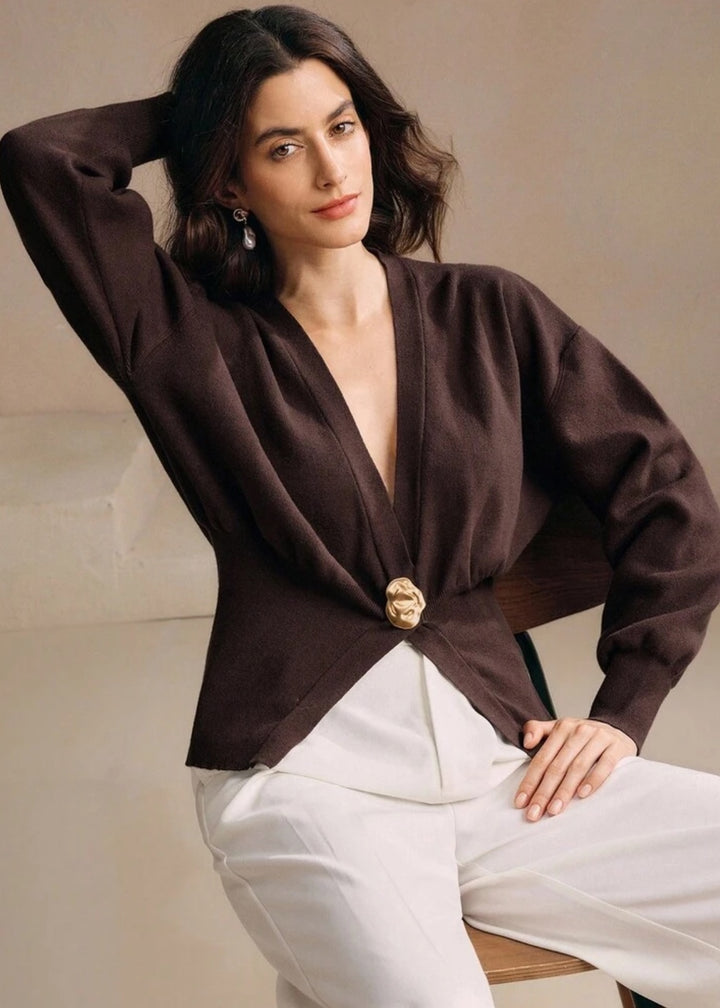 V-Neck Gold Button Rib Knit Cardigan