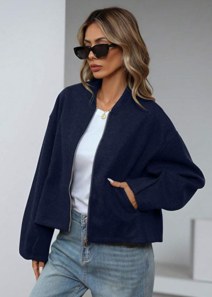 Felted Zip Front Cropped Bomber Jacket