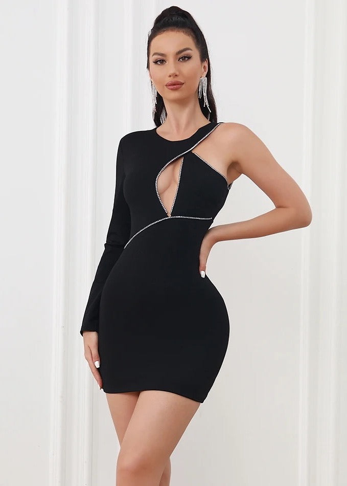 One Shoulder Rhinestone Decor Hollow-out Bandage Dress