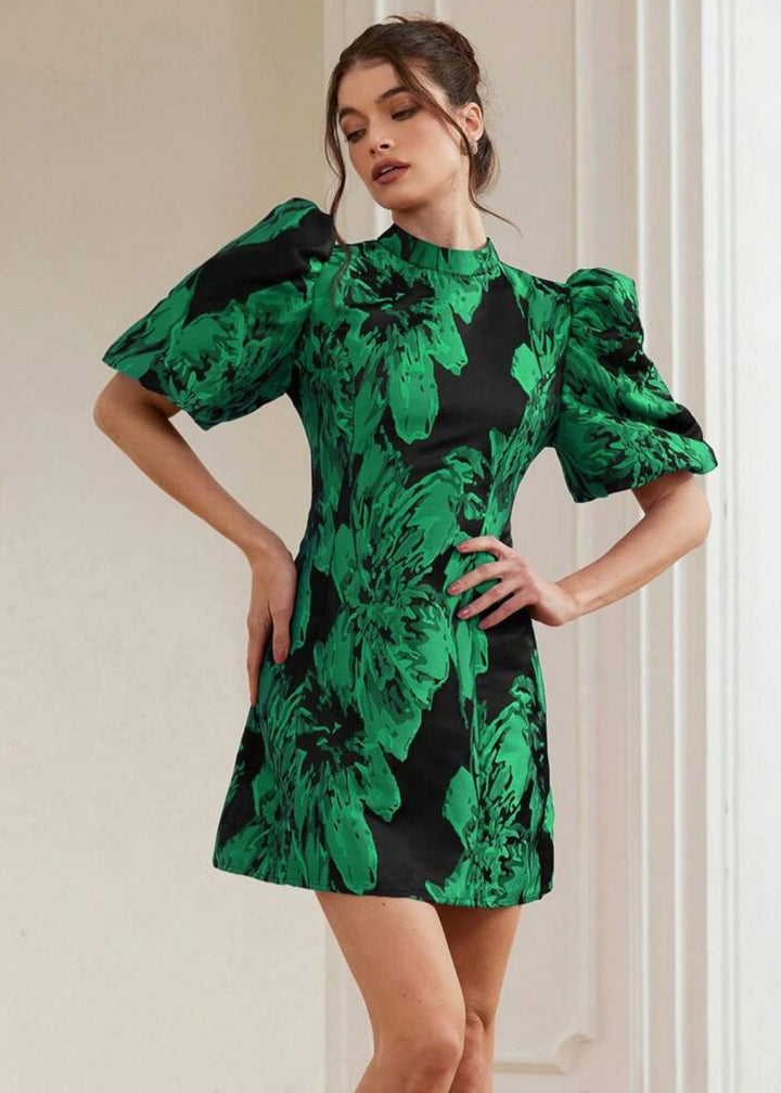 Jacquard Puff Sleeve Mock Neck Dres