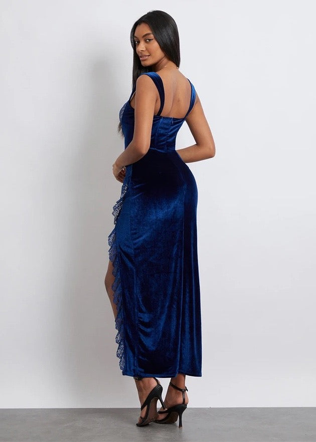 Lace Detail Side Slit Velvet Maxi Dress