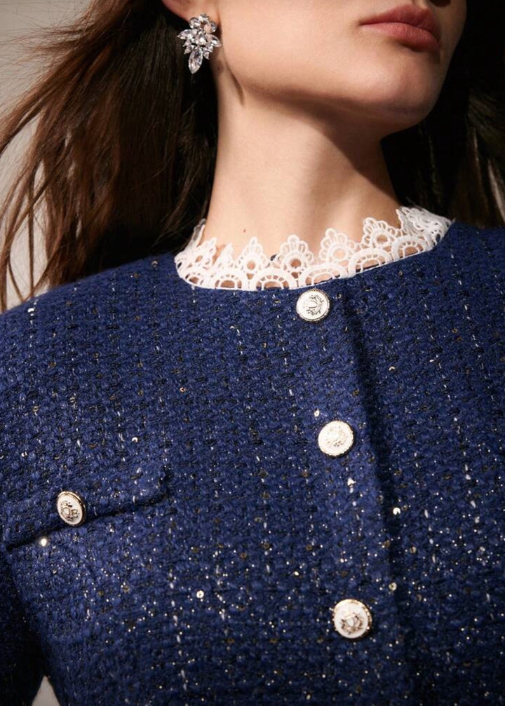 Tweed Button Front Lace Trim Mini Dress