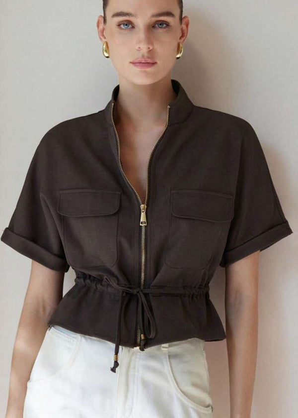 Stand Collar Front Zip Drawstring Waist Top