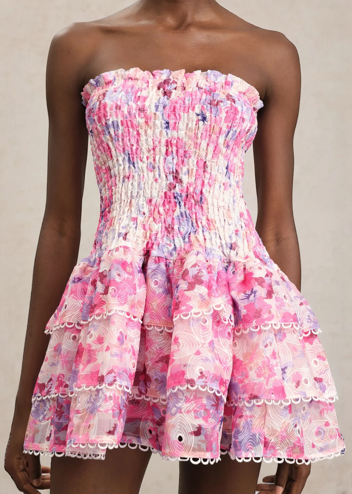 Smocked Bodice Strapless Ruffled Tiered Mini Dress